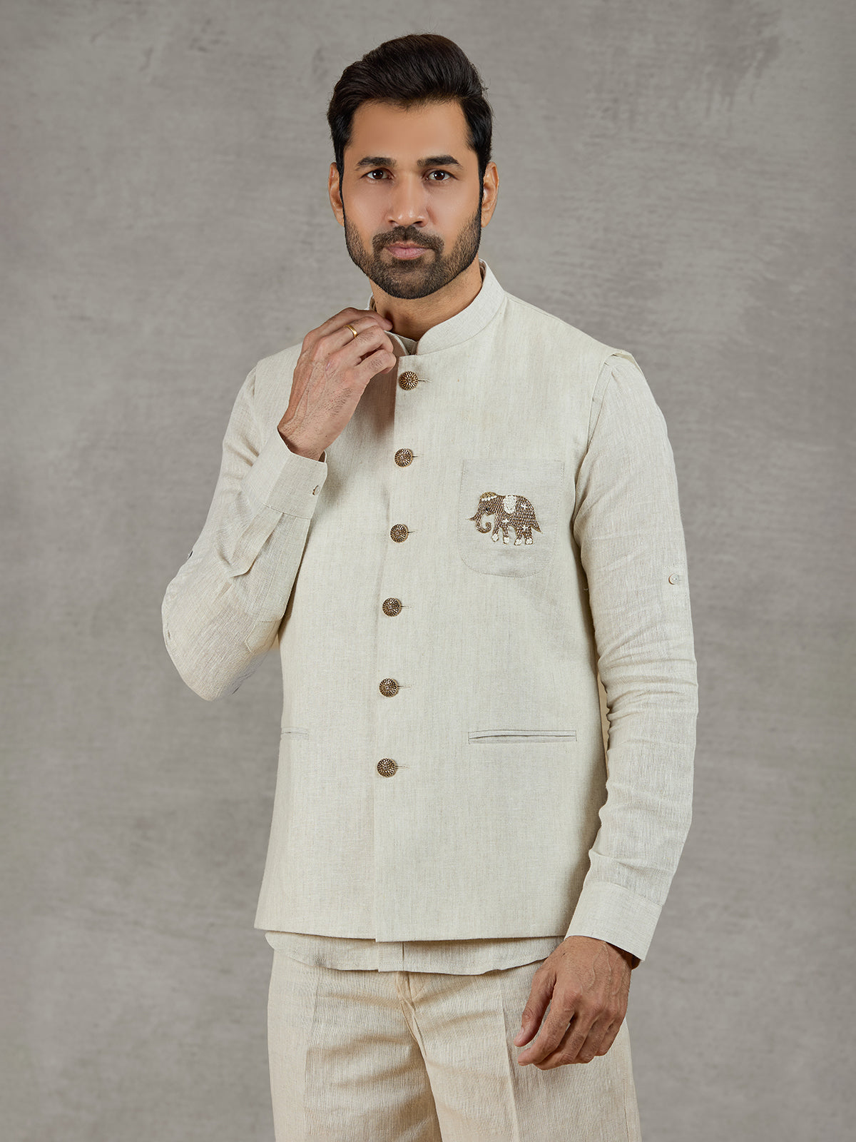 Beige linen festive waistcoat with shirt and elegant detailing