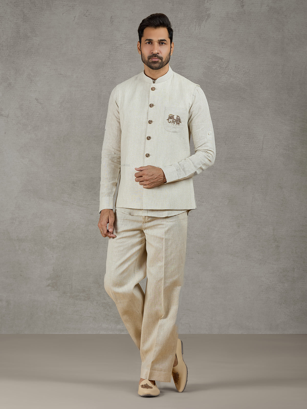 Beige linen festive waistcoat with shirt and elegant detailing