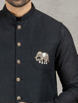 Black linen party wear waistcoat with shirt and embellished crest