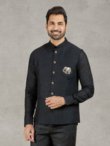 Black linen party wear waistcoat with shirt and embellished crest