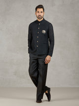 Black linen party wear waistcoat with shirt and embellished crest