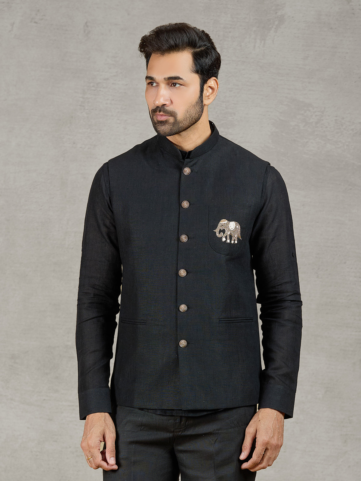 Black linen party wear waistcoat with shirt and embellished crest