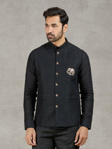 Black linen party wear waistcoat with shirt and embellished crest