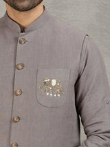 Grey linen waistcoat with shirt featuring thread and zardosi work