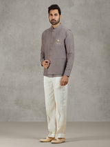 Grey linen waistcoat with shirt featuring thread and zardosi work