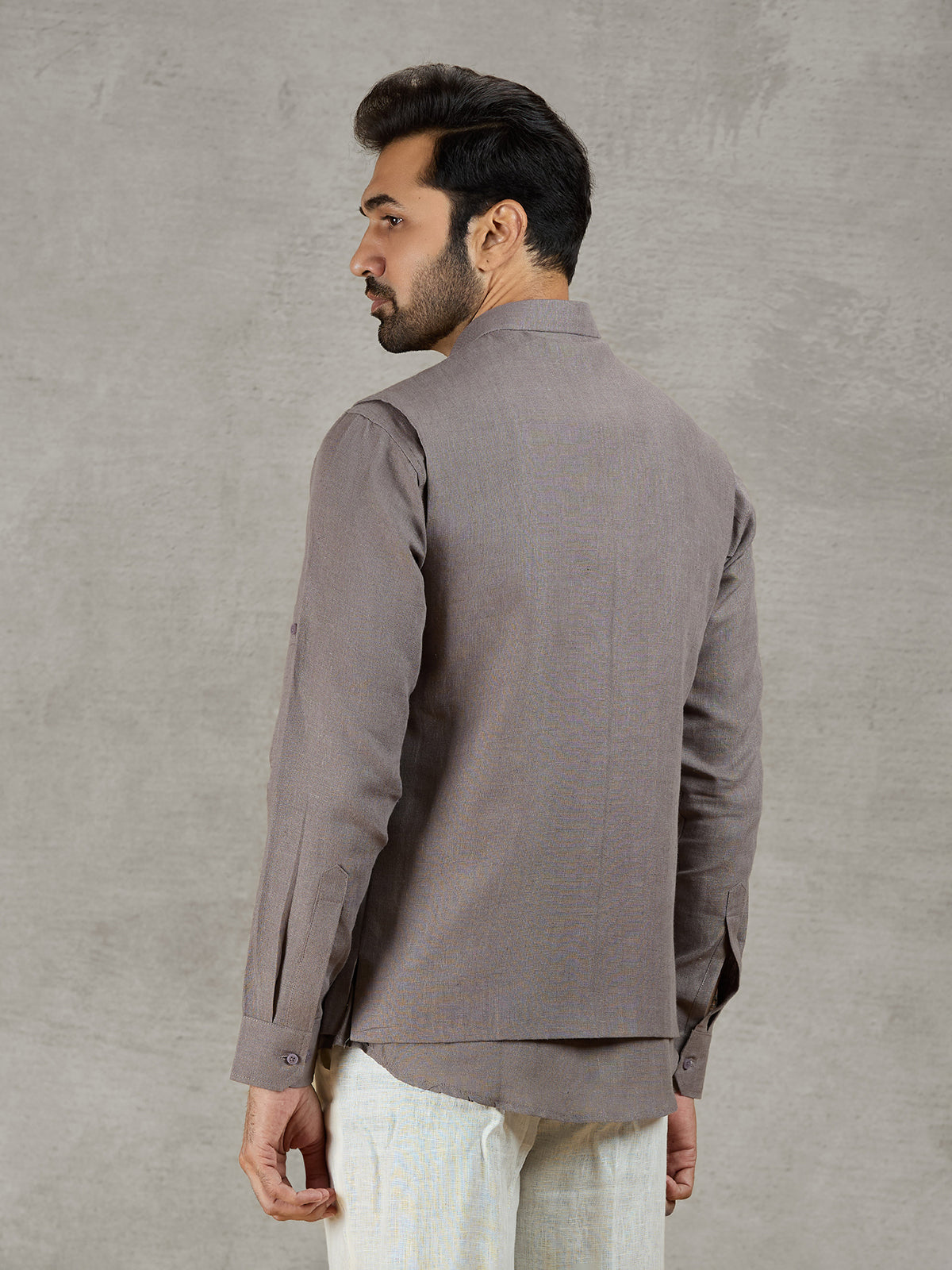 Grey linen waistcoat with shirt featuring thread and zardosi work