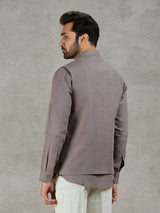 Grey linen waistcoat with shirt featuring thread and zardosi work