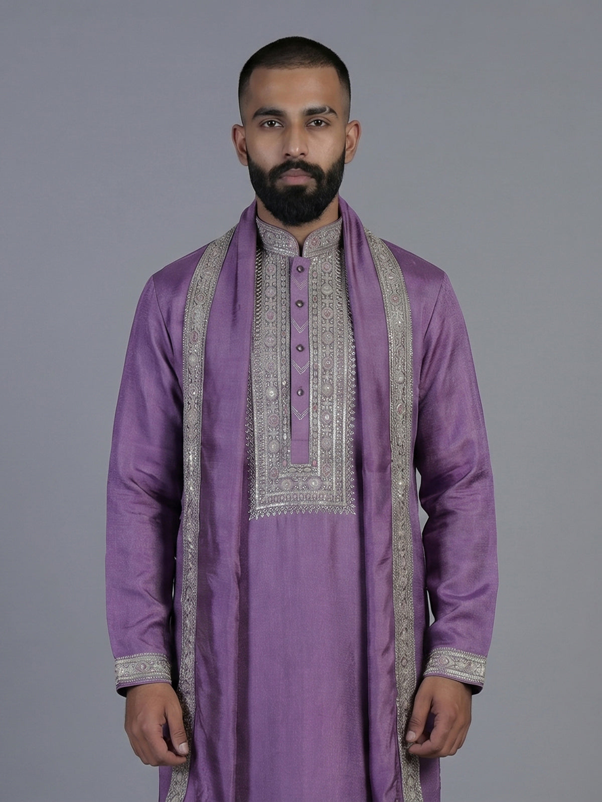 Purple silk embroidered festive kurta suit with dupatta