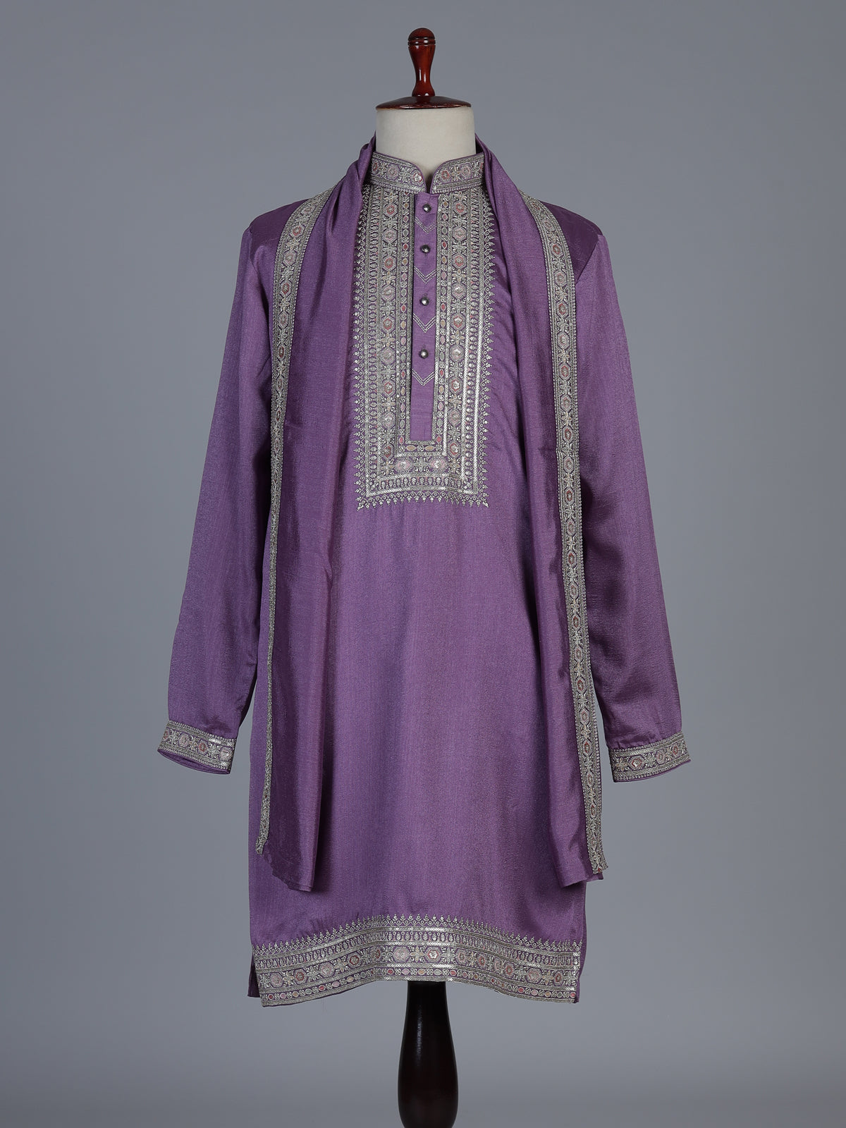 Purple silk embroidered festive kurta suit with dupatta