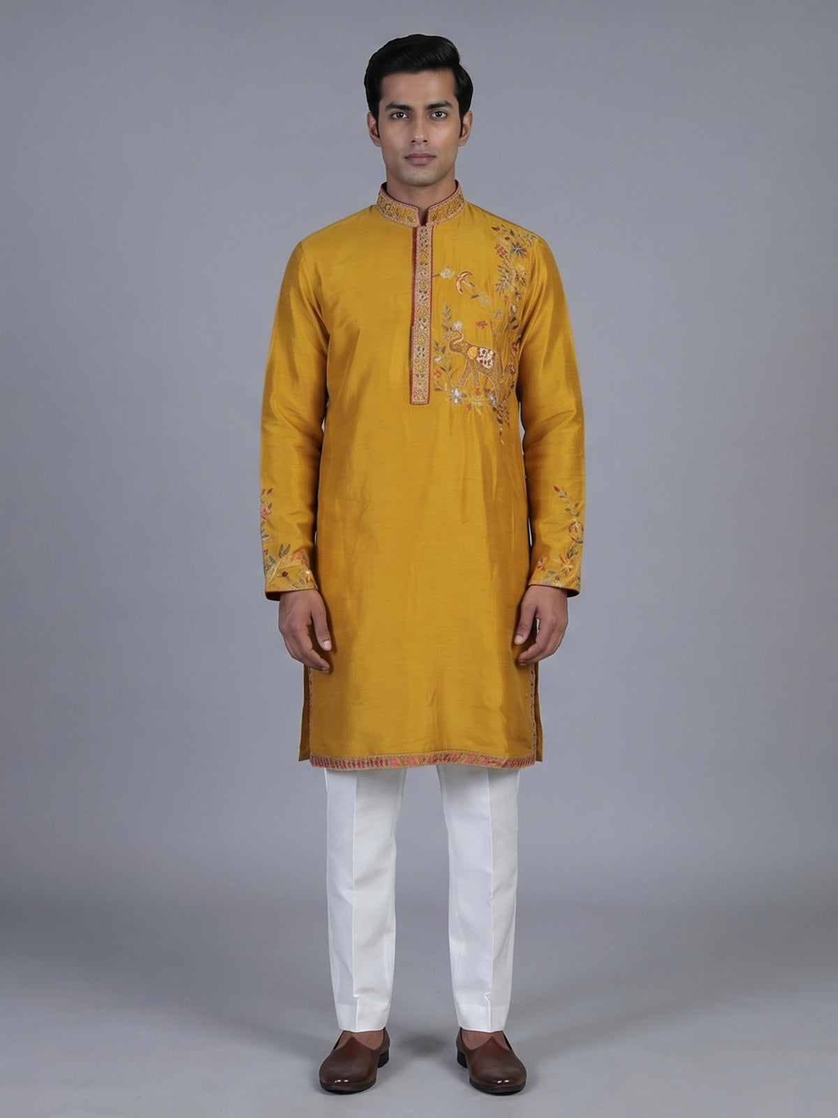 Mustard yellow silk embroidered festive kurta suit