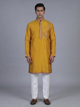 Mustard yellow silk embroidered festive kurta suit