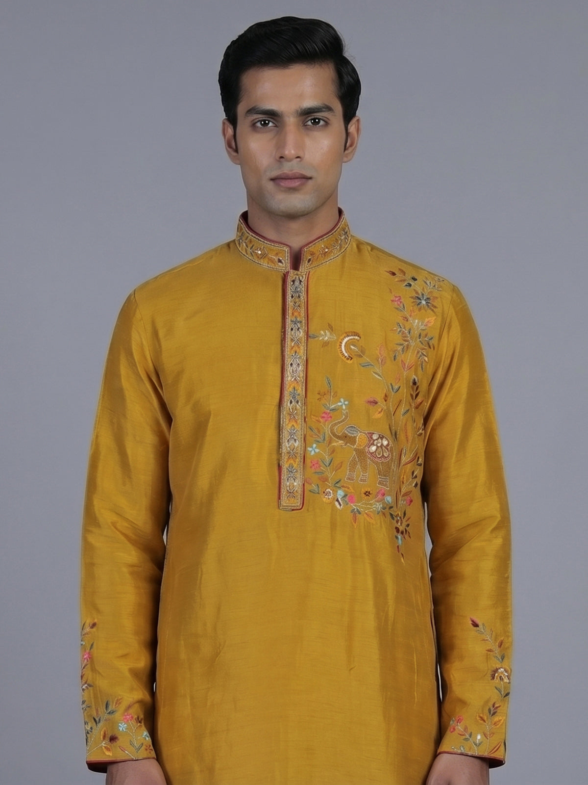 Mustard yellow silk embroidered festive kurta suit