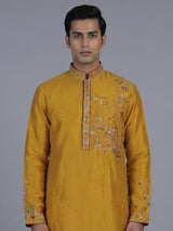 Mustard yellow silk embroidered festive kurta suit