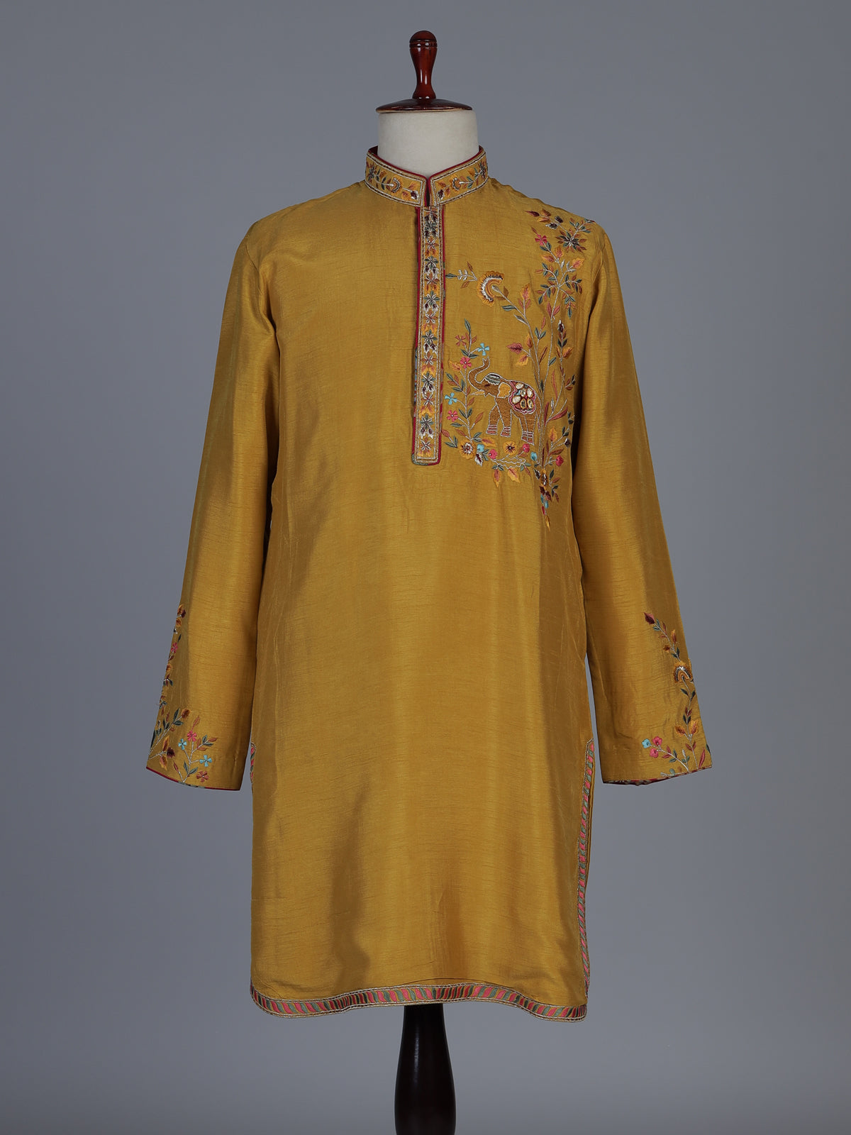 Mustard yellow silk embroidered festive kurta suit