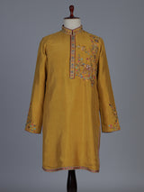 Mustard yellow silk embroidered festive kurta suit