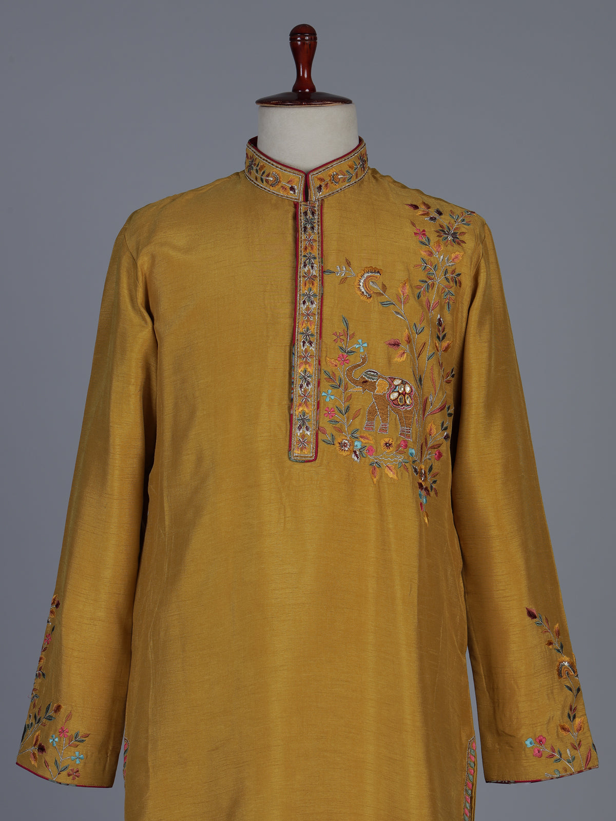 Mustard yellow silk embroidered festive kurta suit