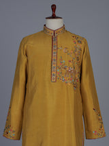 Mustard yellow silk embroidered festive kurta suit