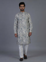 Stone blue textured cotton silk festive kurta suit