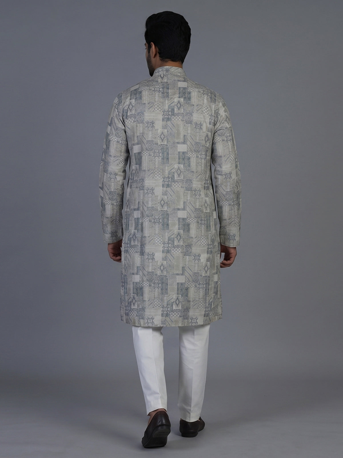 Stone blue textured cotton silk festive kurta suit