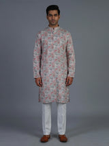 Off white floral silk festive kurta suit for men