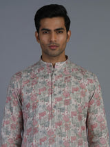 Off white floral silk festive kurta suit for men