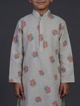 Grey floral printed cotton linen festive kurta suit