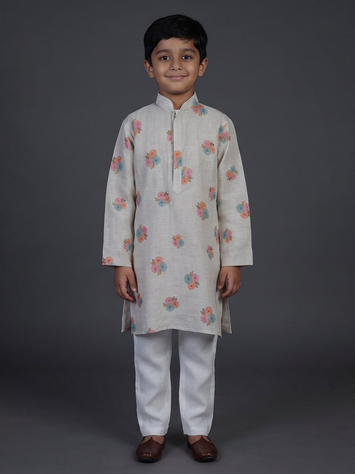 Grey floral printed cotton linen festive kurta suit