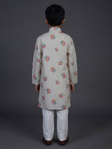 Grey floral printed cotton linen festive kurta suit