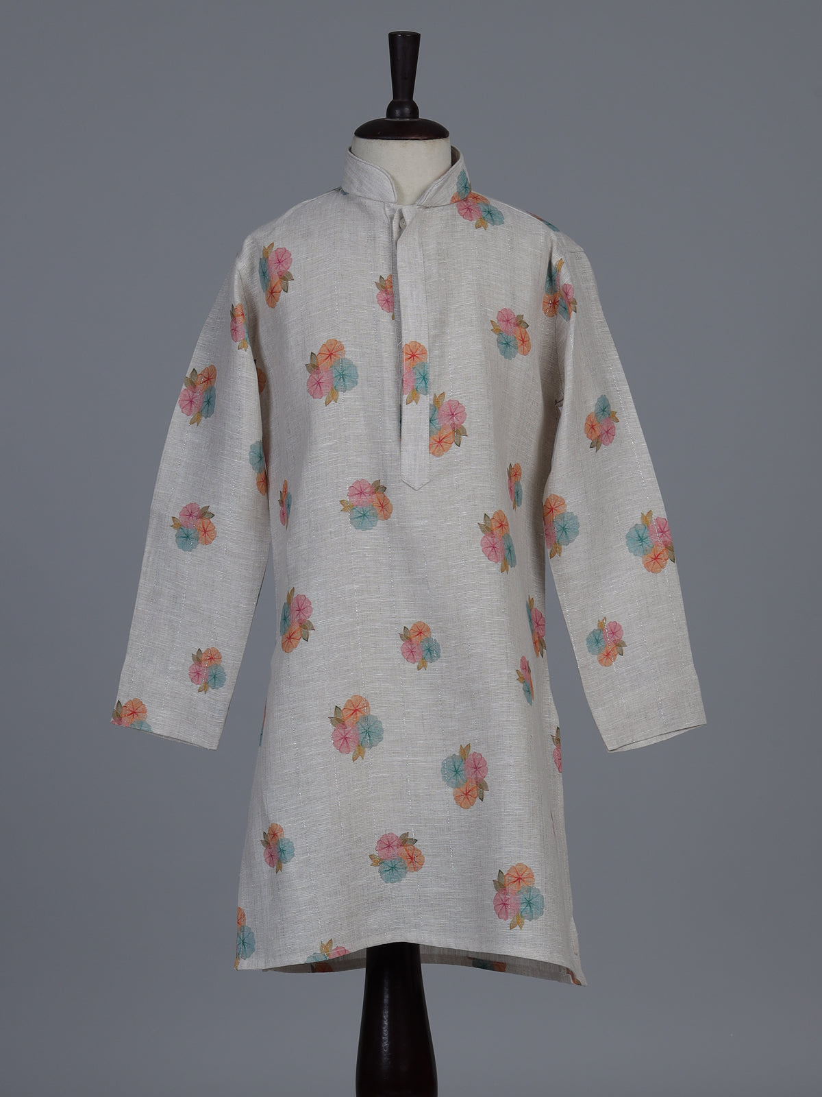 Grey floral printed cotton linen festive kurta suit
