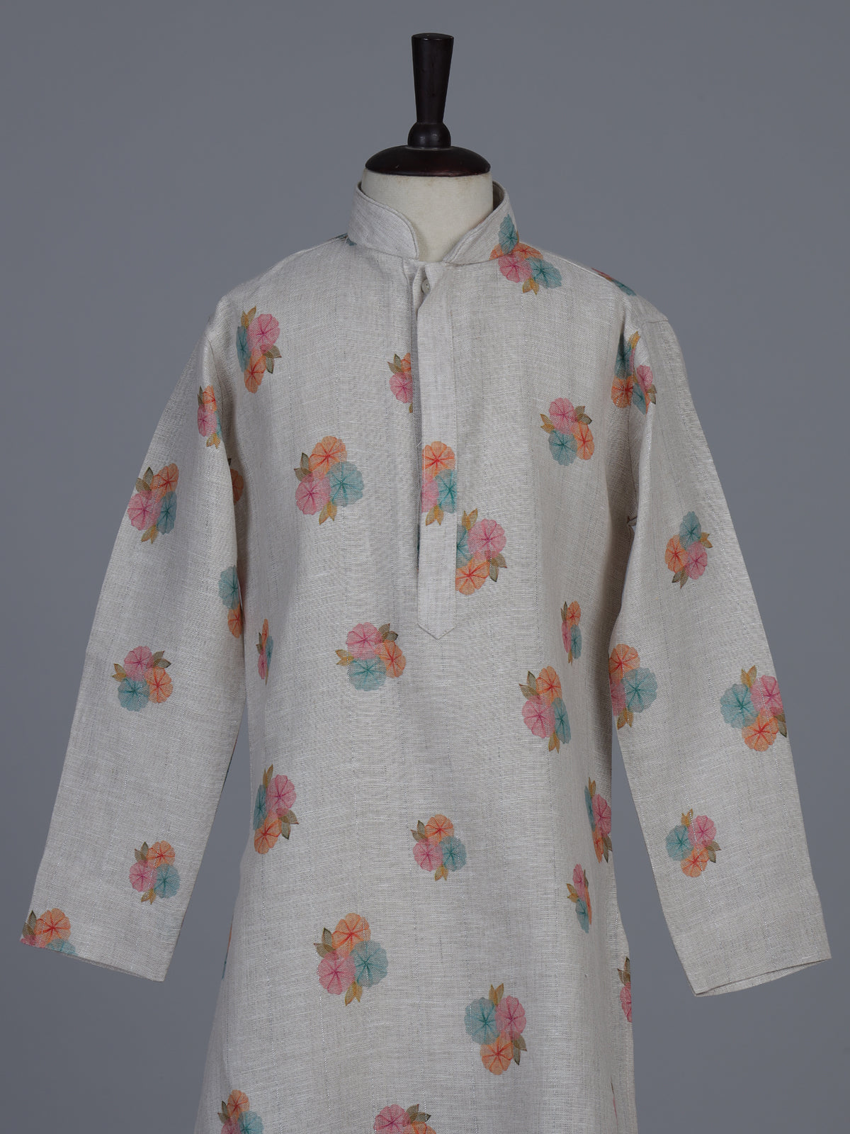 Grey floral printed cotton linen festive kurta suit