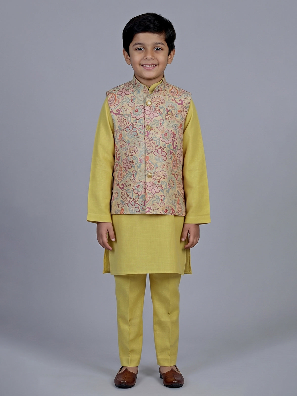 Mehendi olive floral printed festive waistcoat set for boys