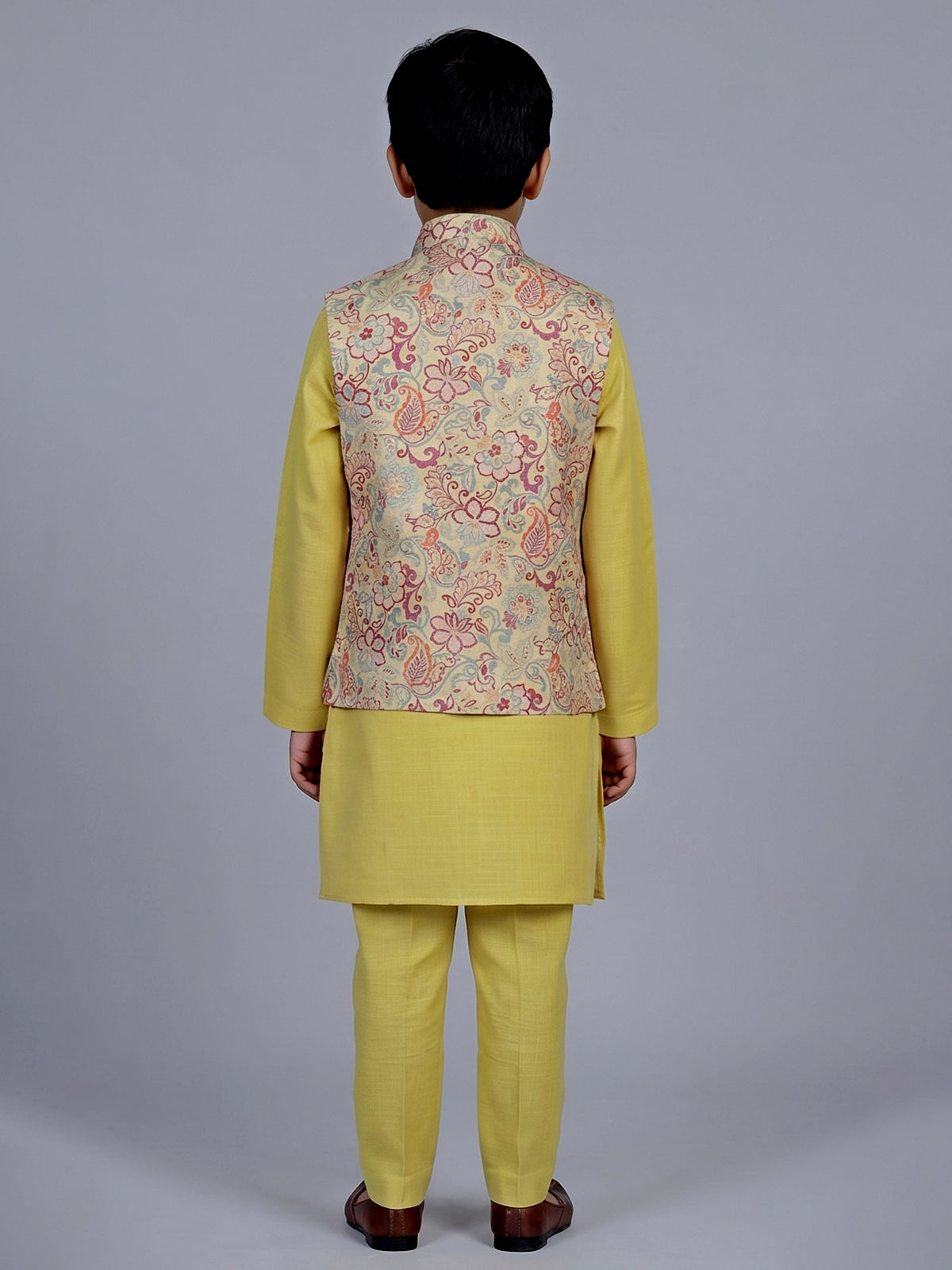 Mehendi olive floral printed festive waistcoat set for boys