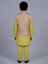 Mehendi olive floral printed festive waistcoat set for boys