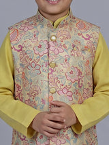 Mehendi olive floral printed festive waistcoat set for boys