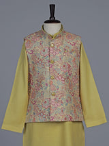 Mehendi olive floral printed festive waistcoat set for boys