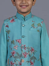 Aqua floral printed silk blend festive waistcoat set