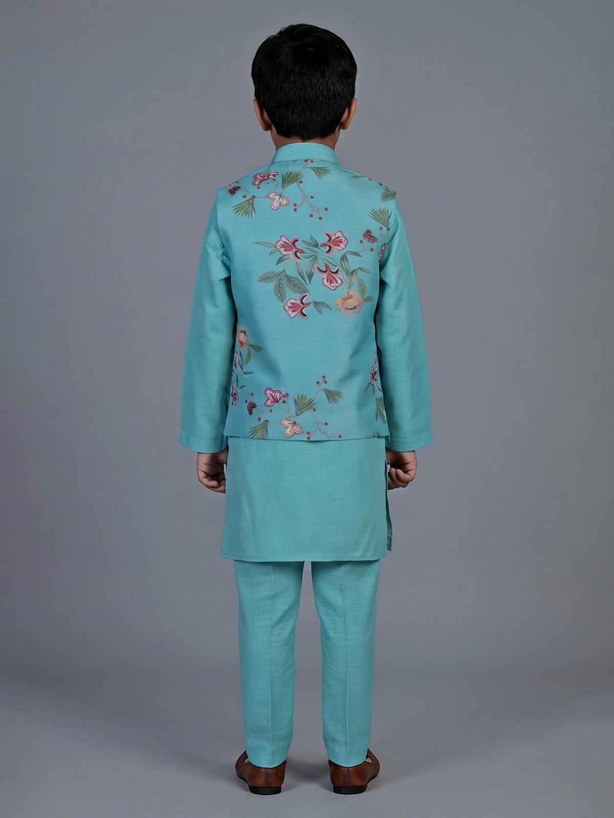 Aqua floral printed silk blend festive waistcoat set