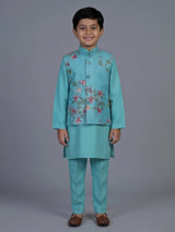 Aqua floral printed silk blend festive waistcoat set