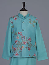 Aqua floral printed silk blend festive waistcoat set