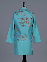 Aqua floral printed silk blend festive waistcoat set