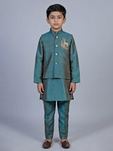 Peacock green deer motif silk blend waistcoat set