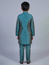 Peacock green deer motif silk blend waistcoat set