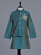 Peacock green deer motif silk blend waistcoat set