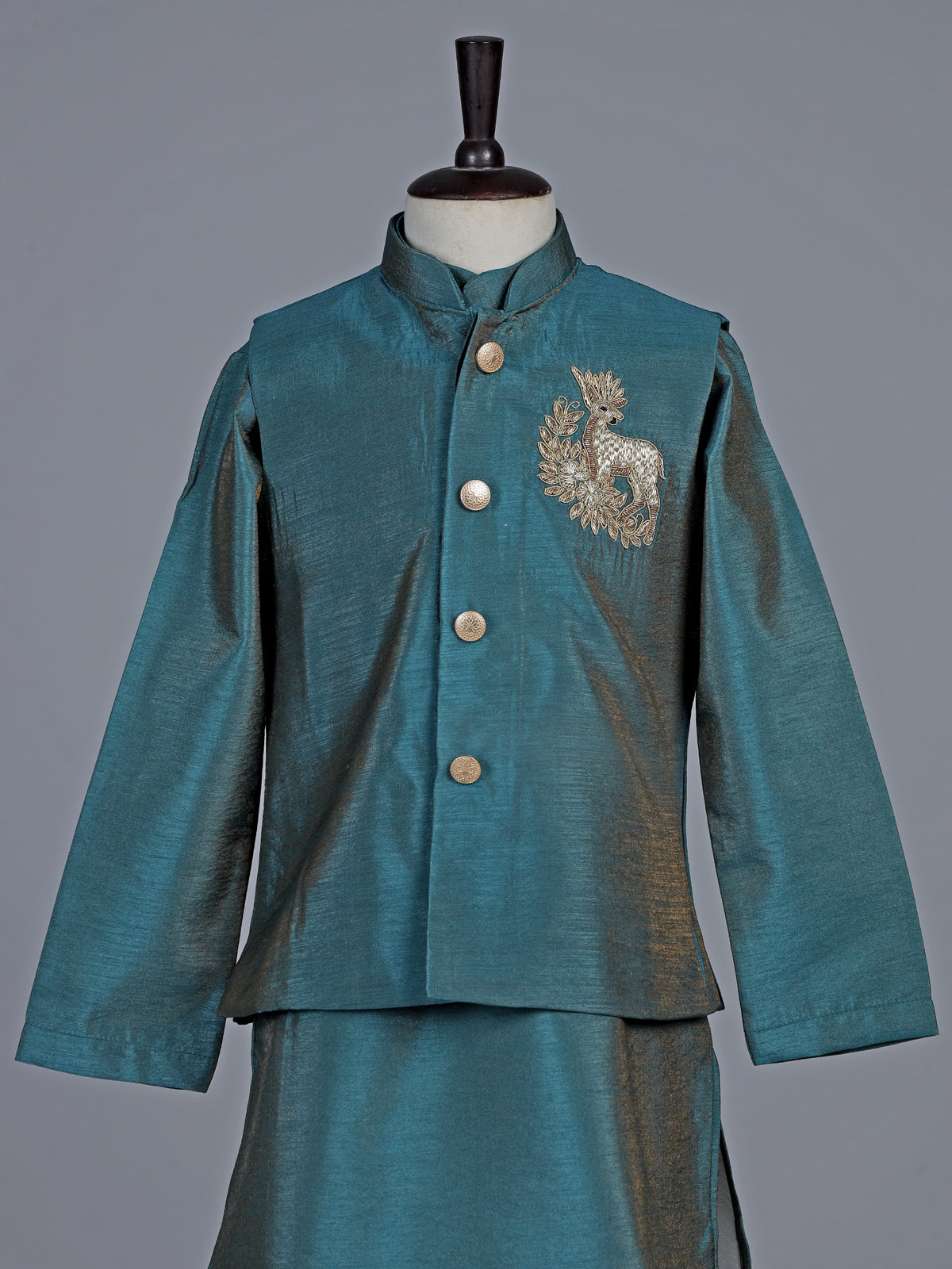 Peacock green deer motif silk blend waistcoat set