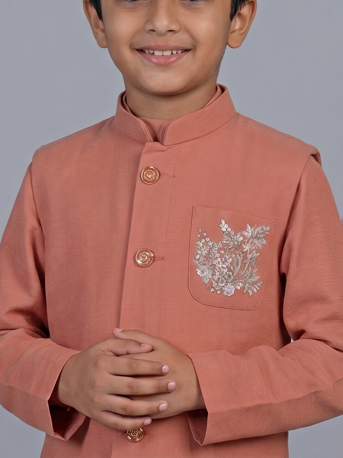 Peach embellished cotton blend festive waistcoat set for boys