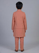 Peach embellished cotton blend festive waistcoat set for boys