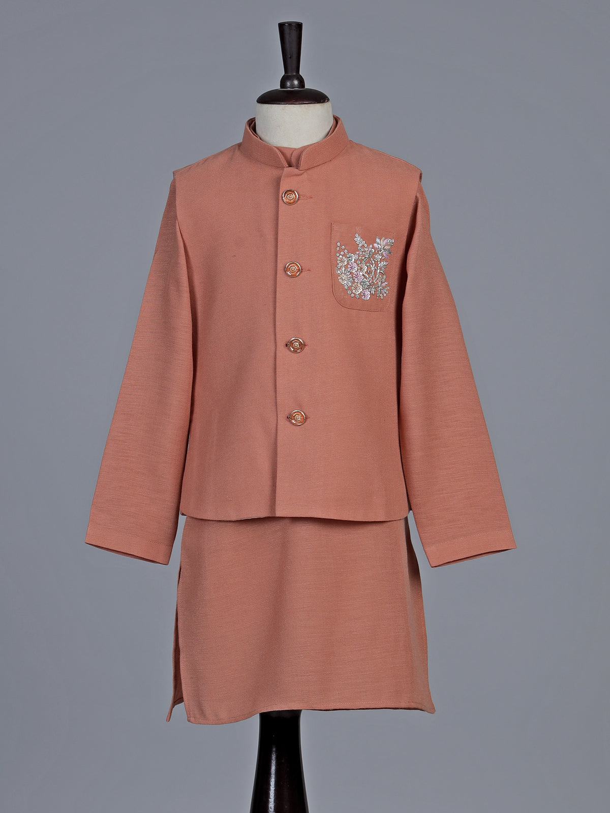 Peach embellished cotton blend festive waistcoat set for boys