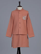 Peach embellished cotton blend festive waistcoat set for boys