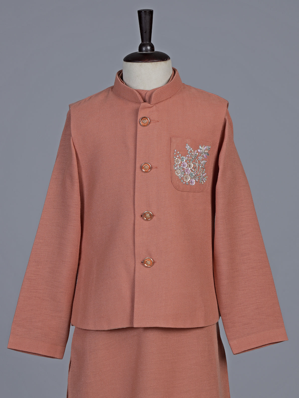 Peach embellished cotton blend festive waistcoat set for boys