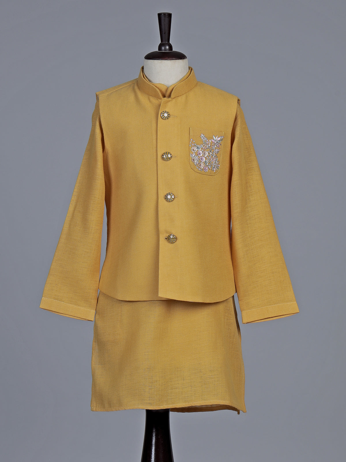 Mustard yellow embellished festive waistcoat set for boys